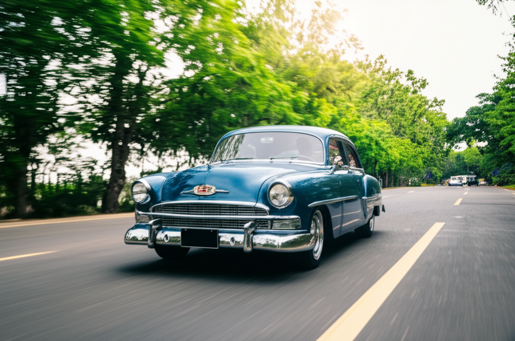 Beautifully wrapped classic car driving on a scenic Thai road